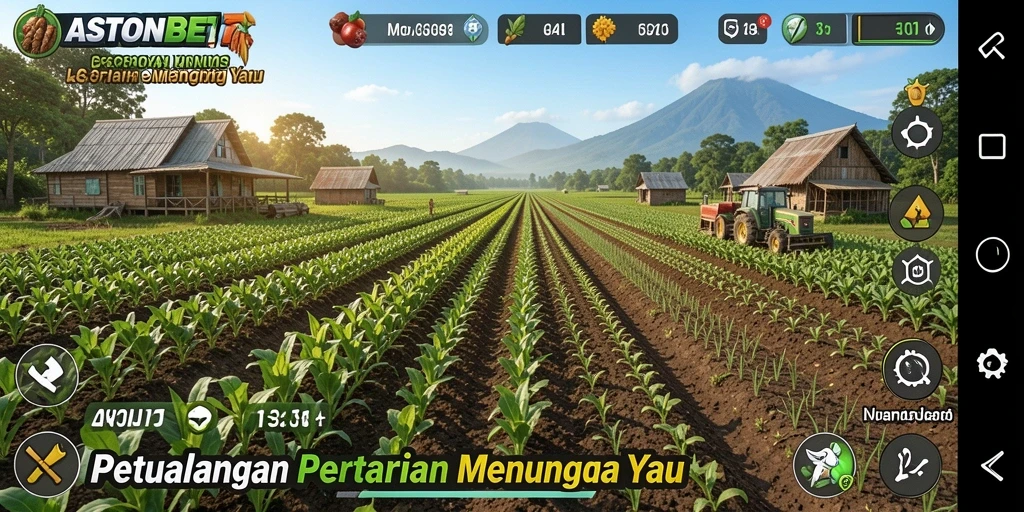 Tampilan gameplay ASTONBET yang menggambarkan kehidupan pertanian yang aktif.