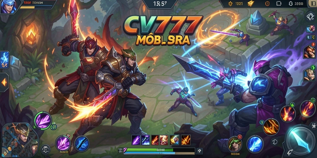 Screenshot utama CV777 menampilkan karakter bertarung dalam arena MOBA yang seru.