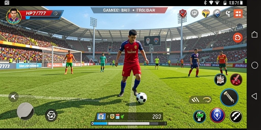 Tampilan gameplay dinamis dalam HP777 menampilkan aksi sepak bola yang mendebarkan.