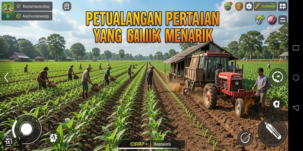 Tampilan gameplay <strong>IDRRP</strong> dengan ladang subur dan kegiatan bertani.