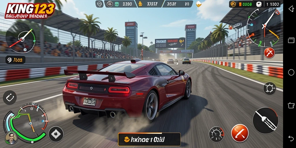 Tampilan gameplay KING123 dengan mobil balap yang cepat dan trek menantang.