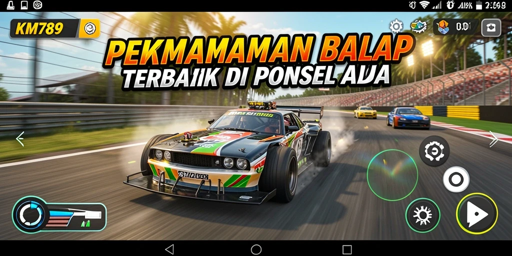 Tampilan gameplay KM789 yang mendebarkan dengan mobil balap dan trek menantang.