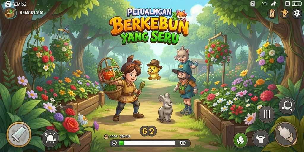 Screenshot REMI62 menunjukkan kebun yang indah dengan berbagai tanaman.