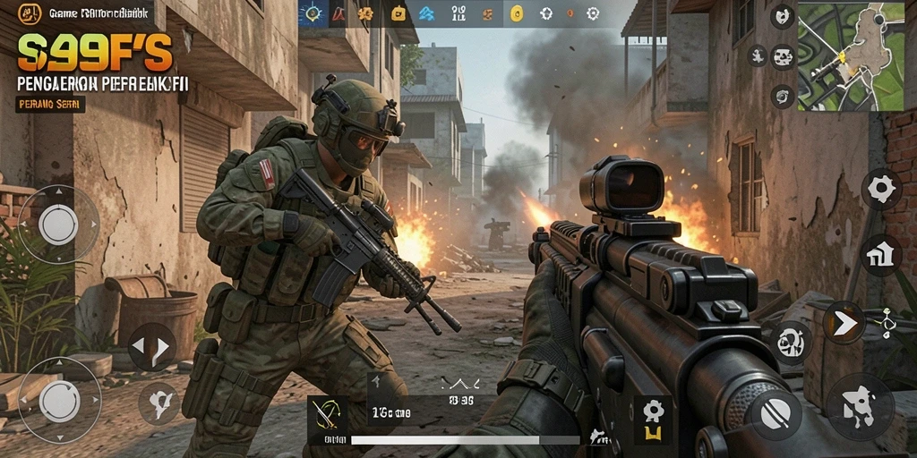Screenshot gameplay seru dari S9S9 yang menunjukkan aksi tembak-menembak.